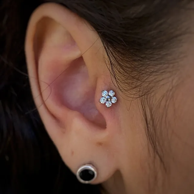 Piercing Labret Flor Cravejada com Zircônias em Titânio Grau Implante - Vista 8